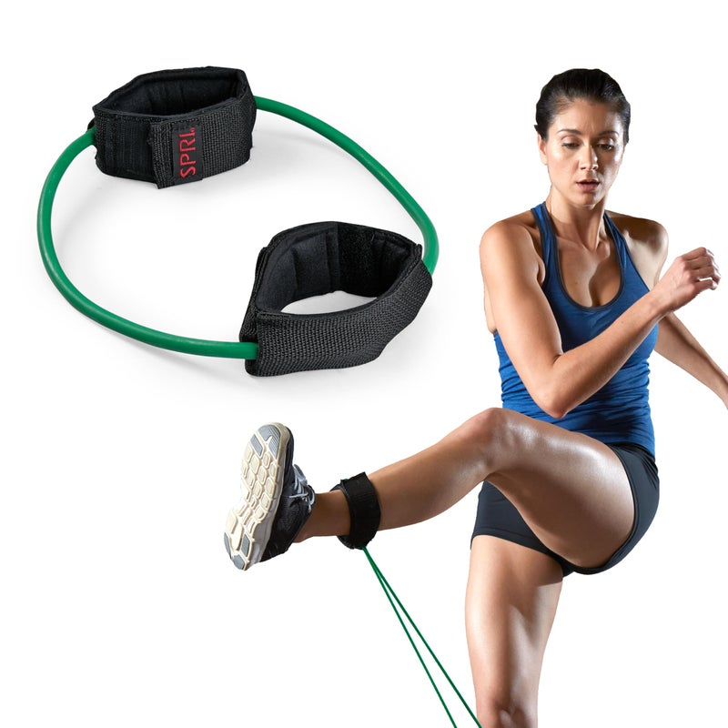 SPRI Xercuff Leg Resistance Band Exercise Cord with Non-Slip Padded Ankle Cuffs, Green, Light - Image 1